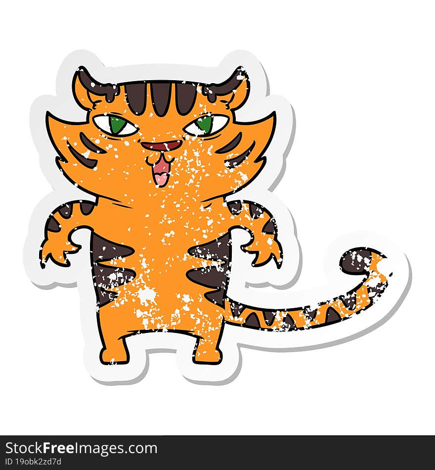 distressed sticker of a happy cartoon tiger