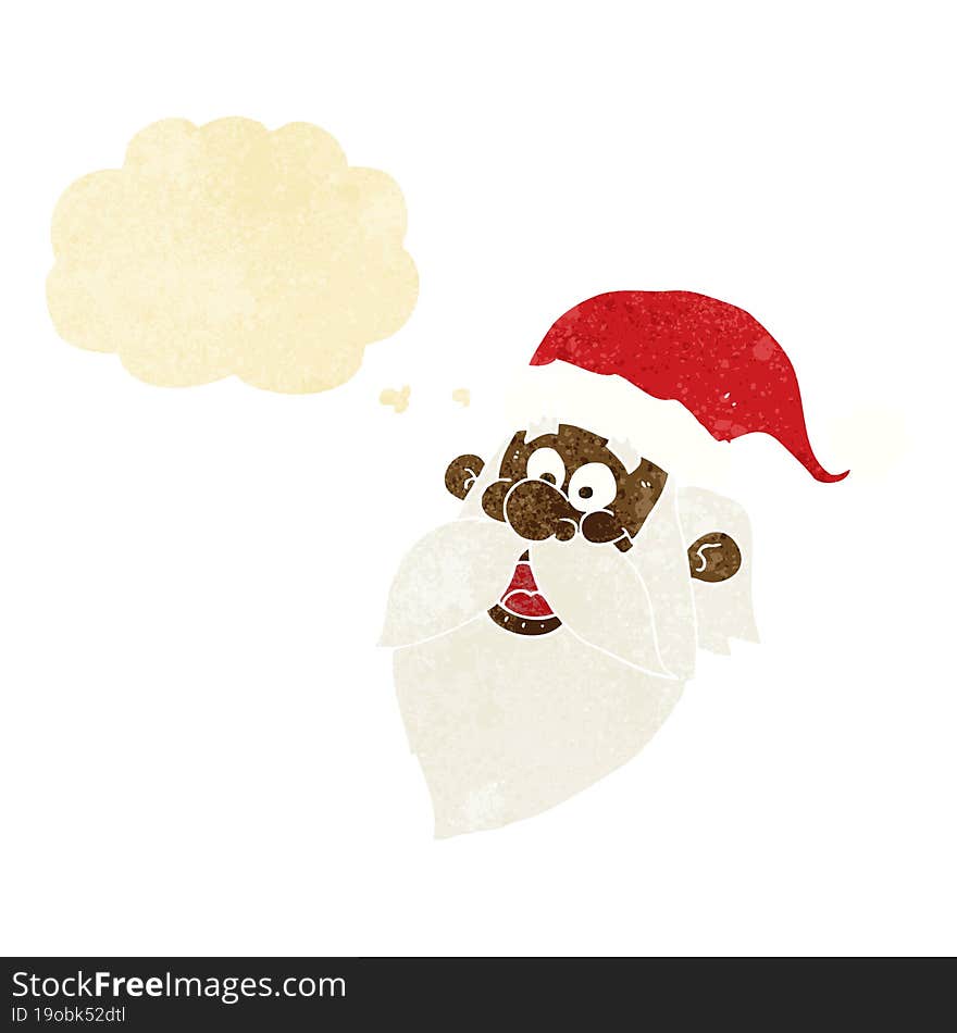 cartoon jolly santa claus face with thought bubble