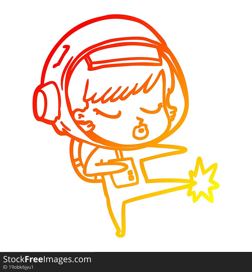 warm gradient line drawing of a cartoon pretty astronaut girl karate kicking