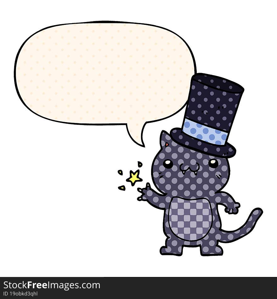 cartoon cat wearing top hat with speech bubble in comic book style