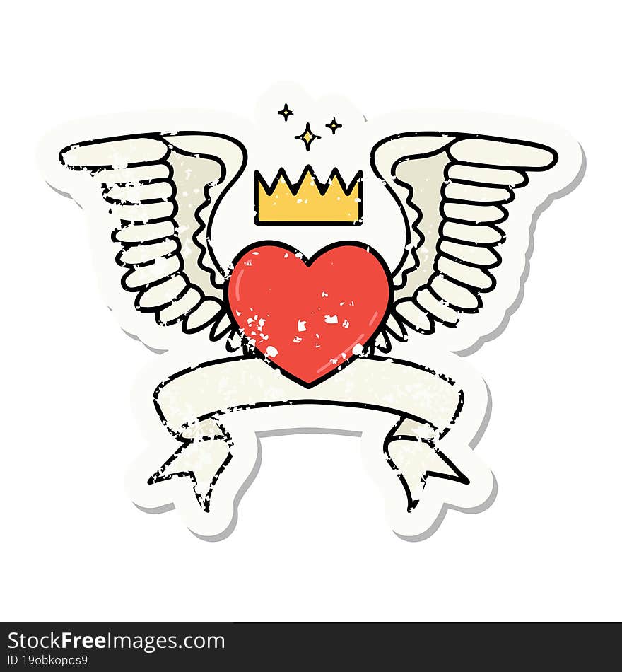 Grunge Sticker With Banner Of A Heart With Wings