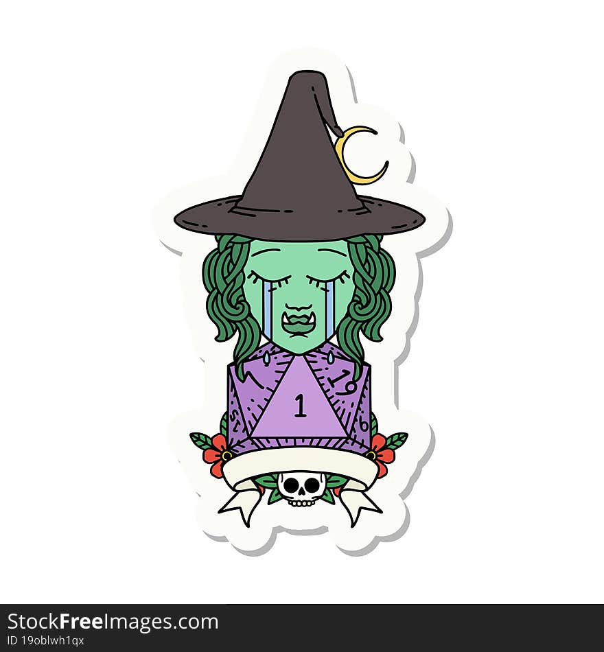 crying half orc witch character with natural one roll sticker