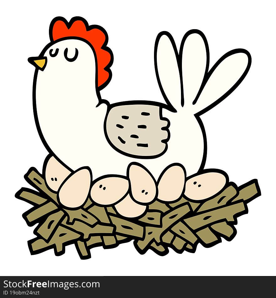 Hand Drawn Doodle Style Cartoon Chicken On Nest Of Eggs