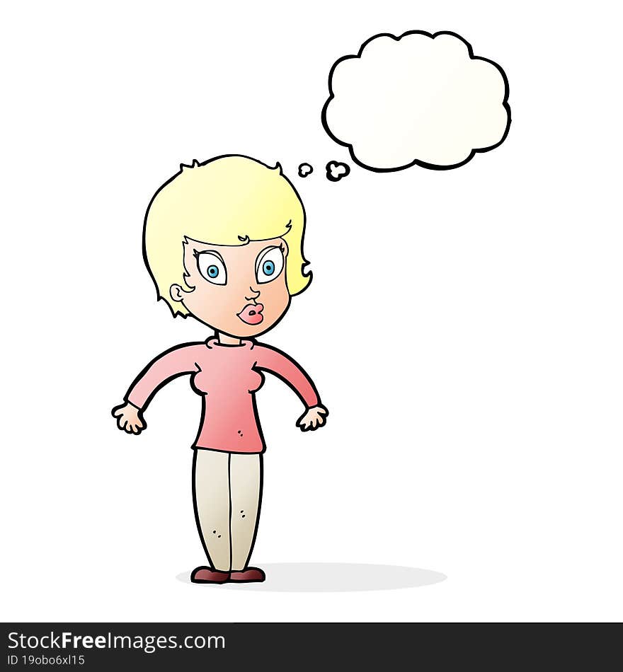 cartoon woman shrugging shoulders with thought bubble