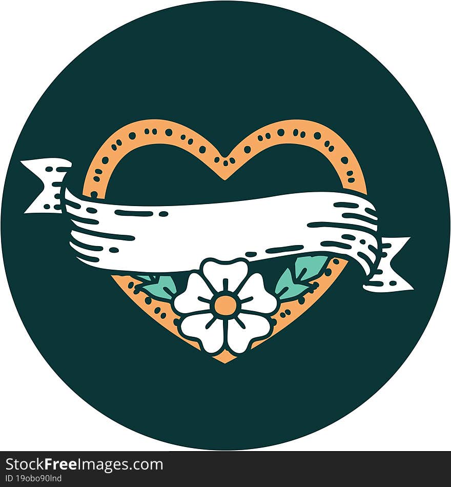 Tattoo Style Icon Of A Heart And Banner With Flowers