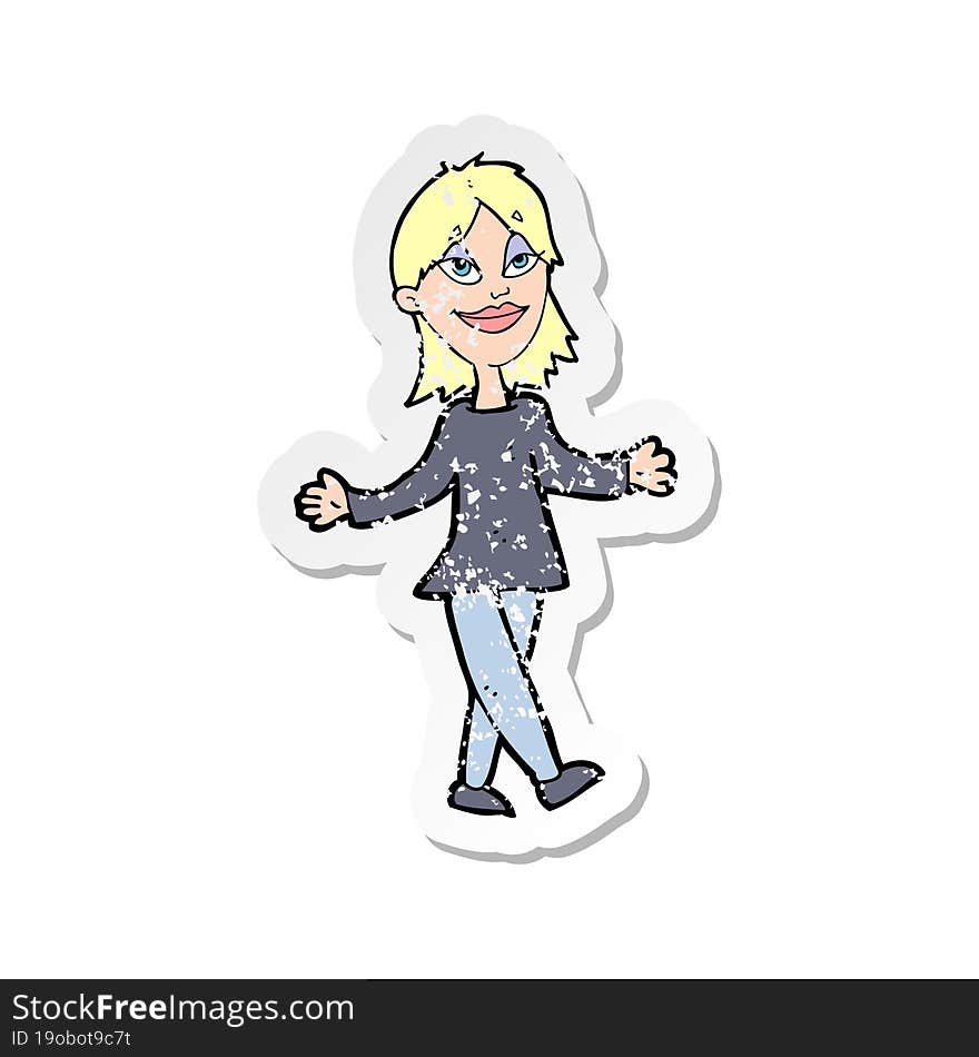 retro distressed sticker of a cartoon woman with no worries