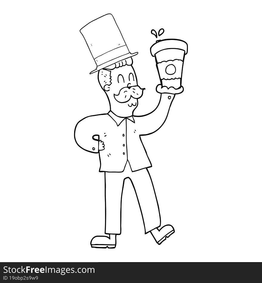 black and white cartoon man with coffee cup