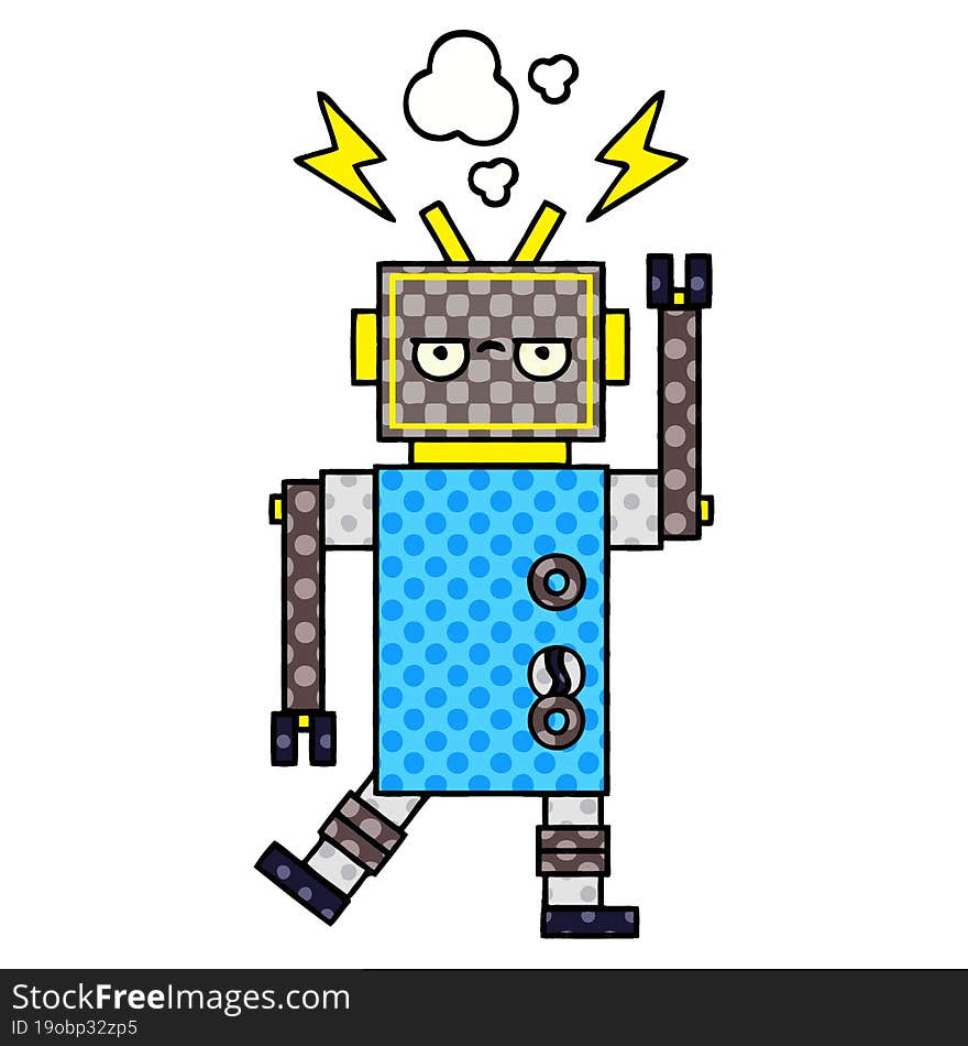 comic book style cartoon of a malfunctioning robot