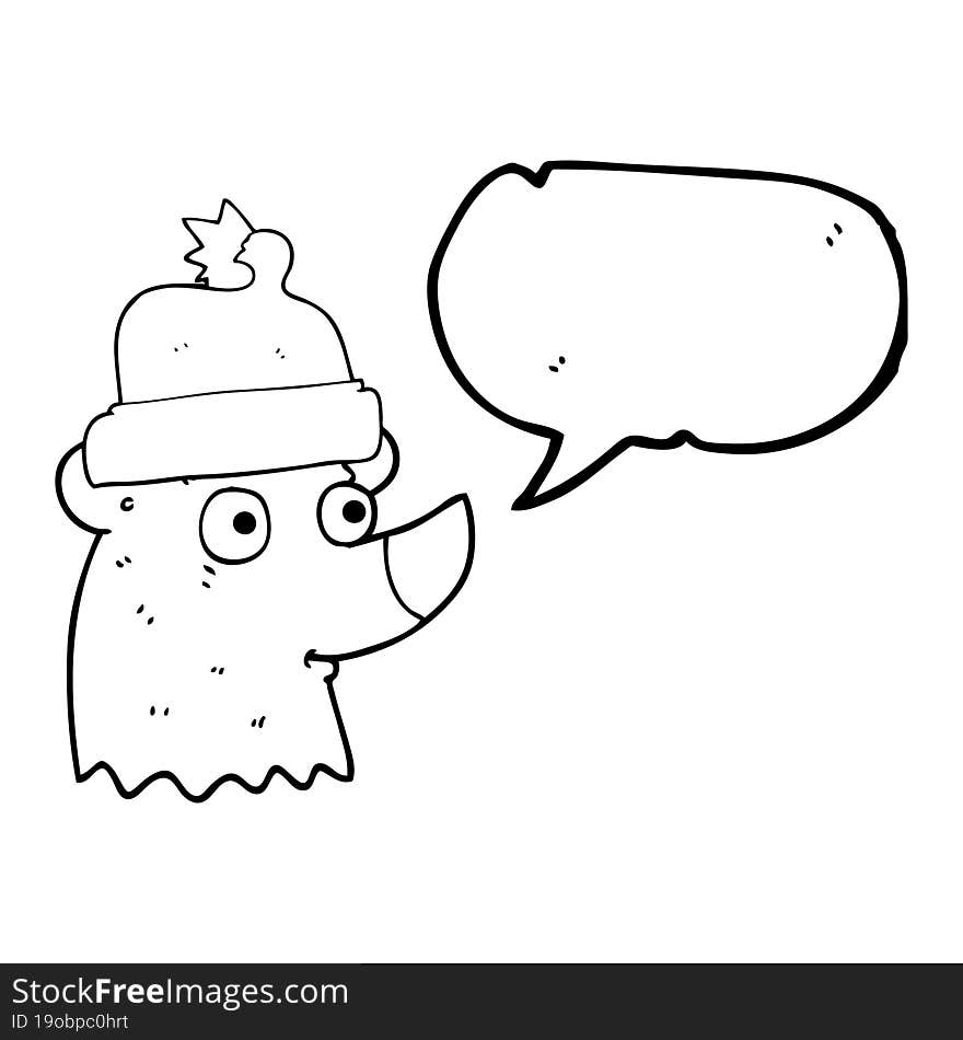 freehand drawn speech bubble cartoon bear wearing christmas hat