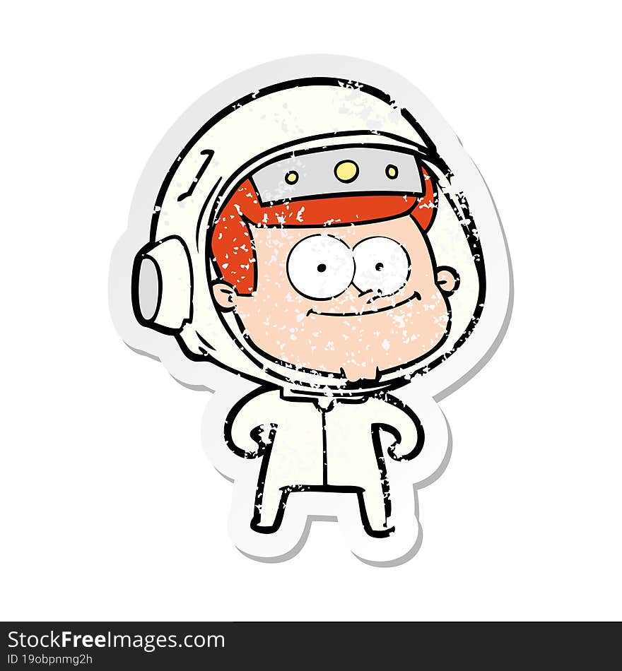 distressed sticker of a happy astronaut cartoon