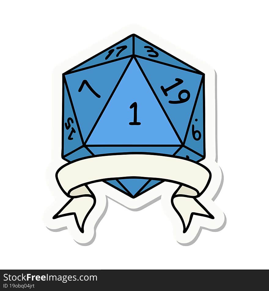 sticker of a natural one d20 dice roll. sticker of a natural one d20 dice roll