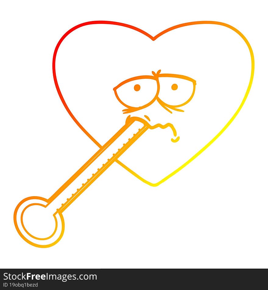 warm gradient line drawing of a cartoon love sick heart