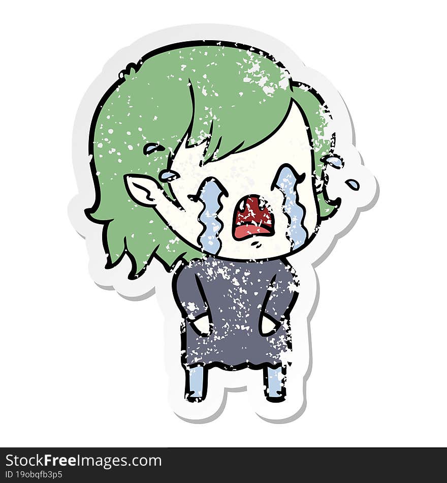 distressed sticker of a cartoon crying vampire girl