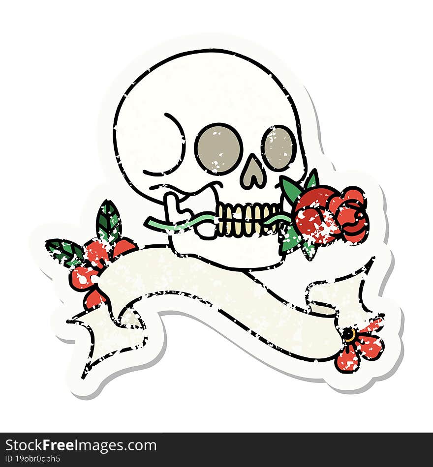 grunge sticker with banner of a skull