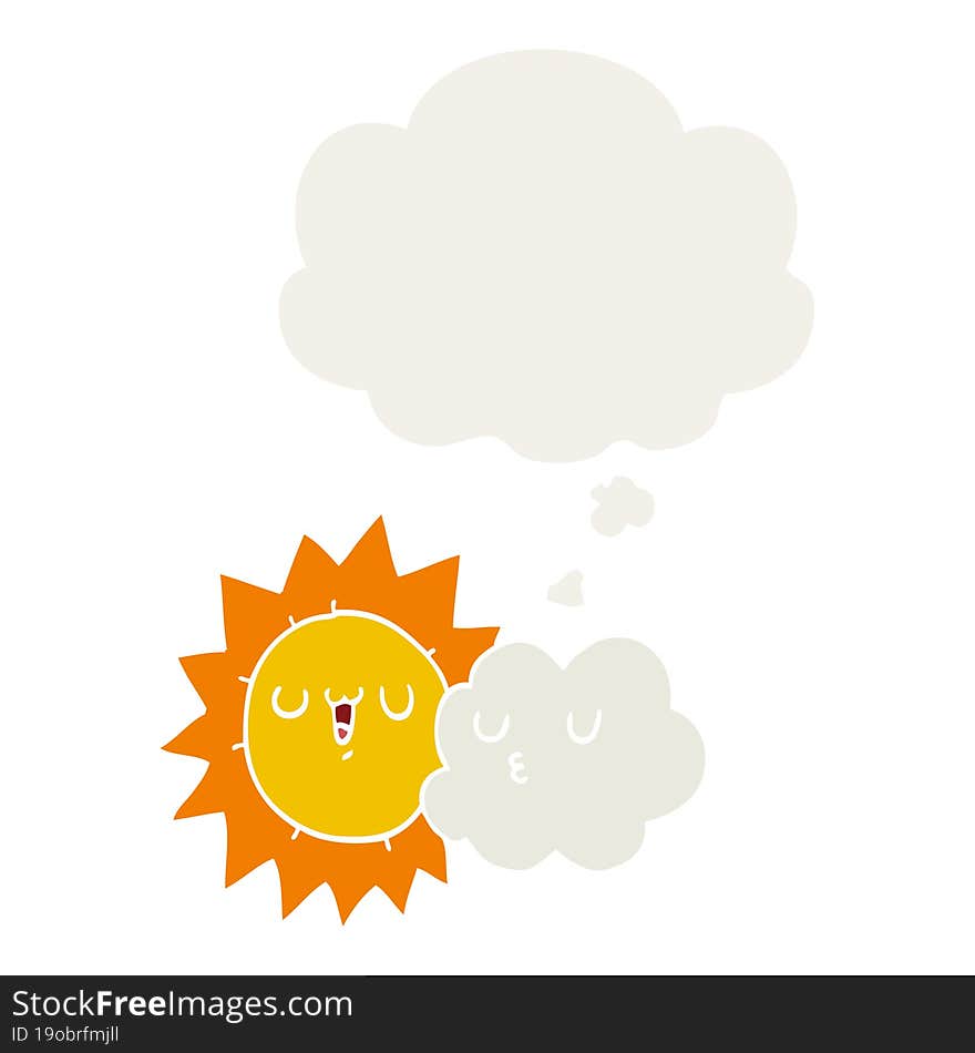 cartoon sun and cloud and thought bubble in retro style