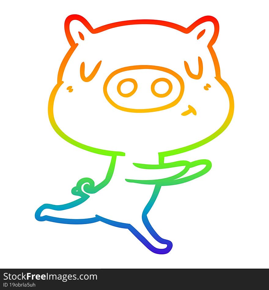 rainbow gradient line drawing of a cartoon content pig running