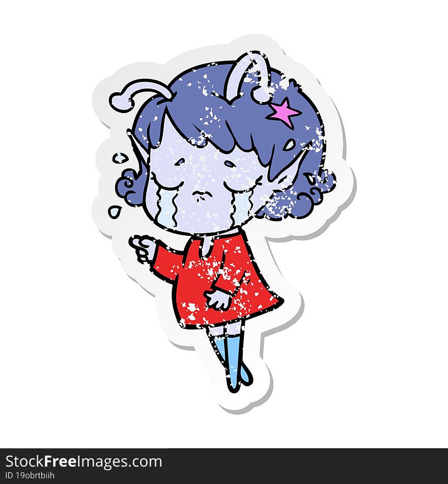 distressed sticker of a cartoon crying alien girl