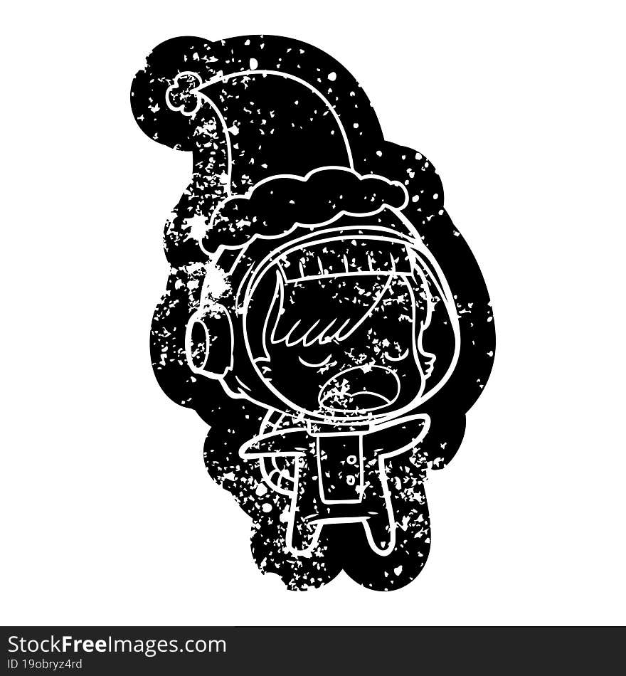 Cartoon Distressed Icon Of A Talking Astronaut Woman Wearing Santa Hat