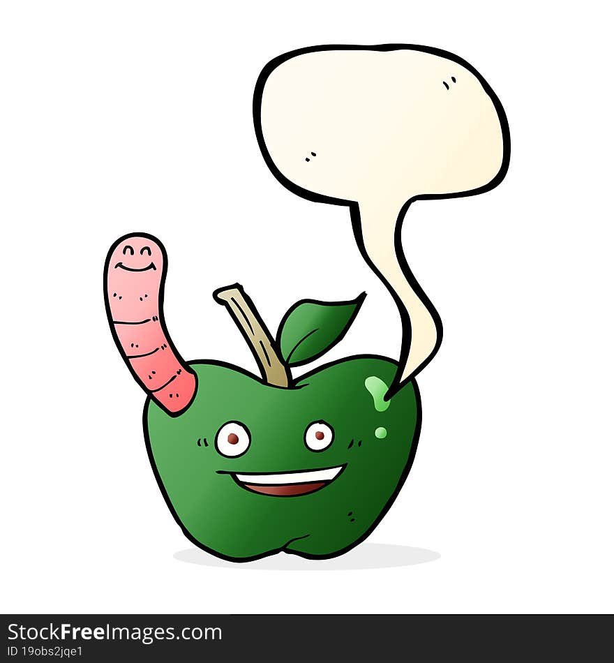 cartoon apple with worm with speech bubble