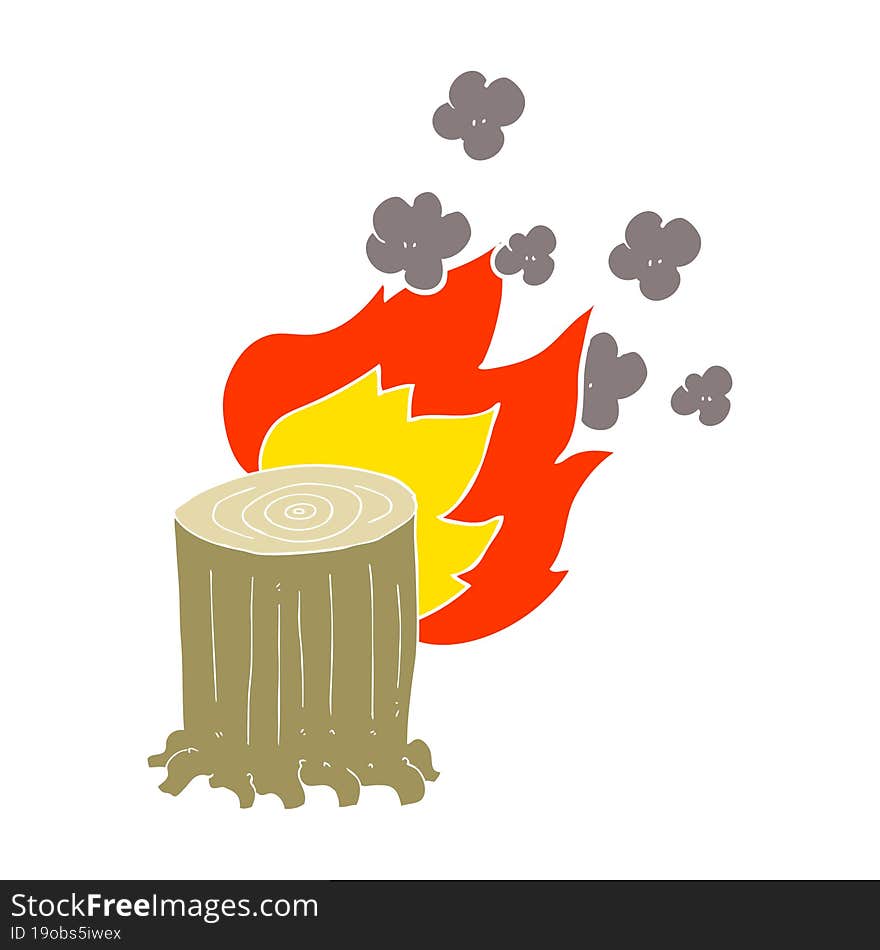 flat color illustration of a cartoon tree stump on fire