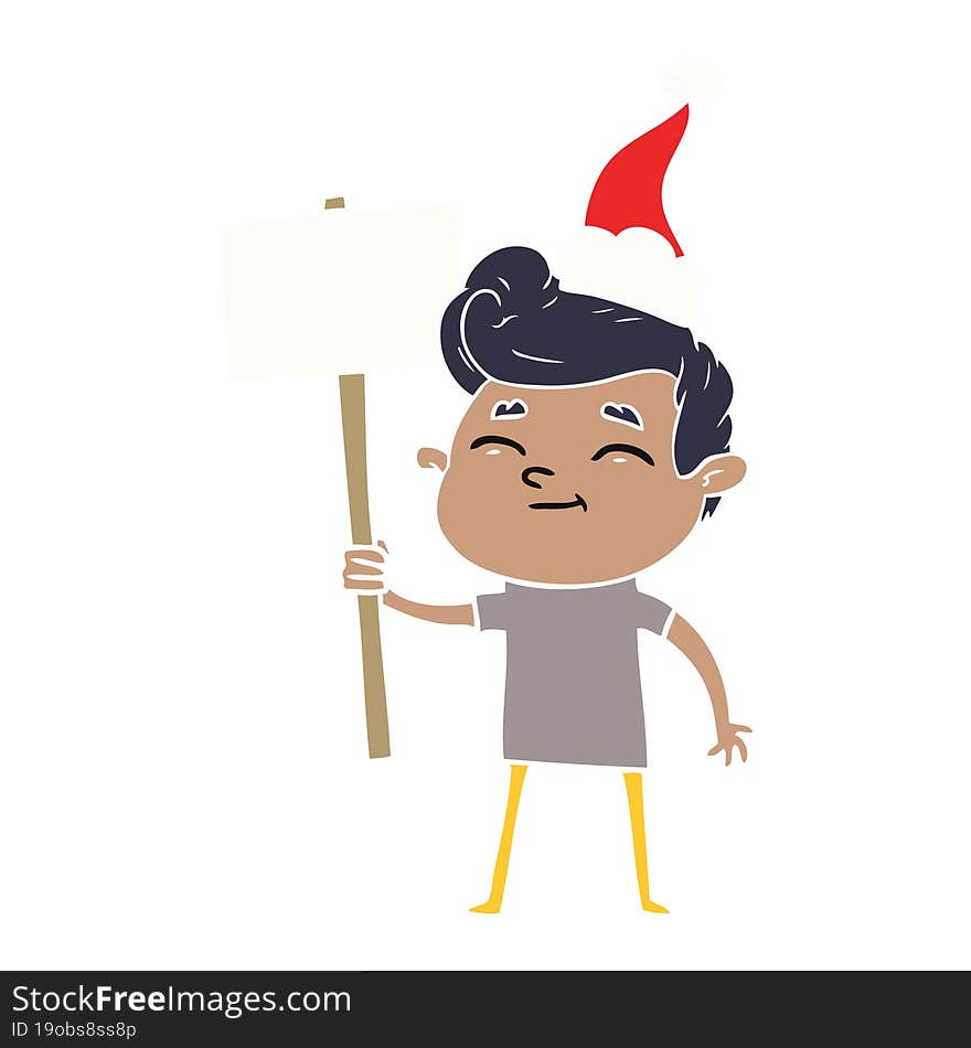 happy flat color illustration of a man with sign wearing santa hat