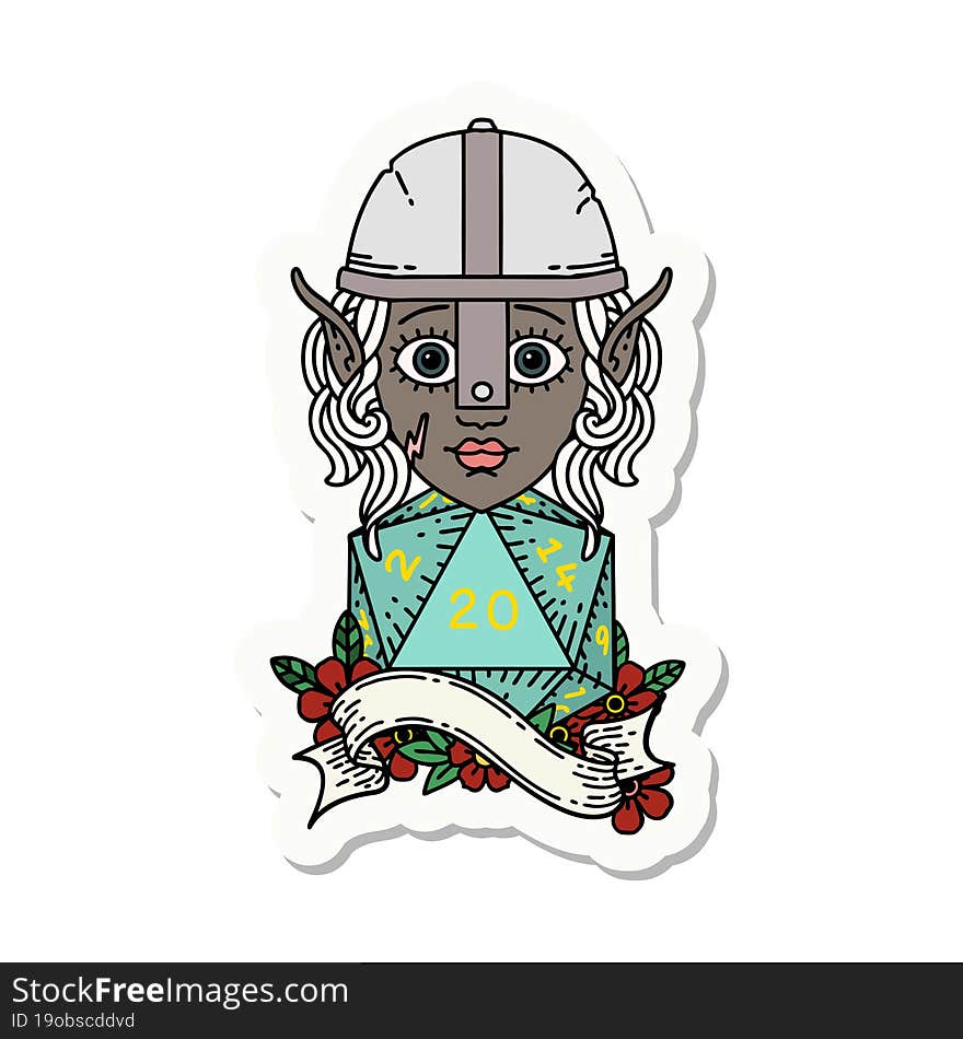 elf fighter character with natural twenty dice roll sticker