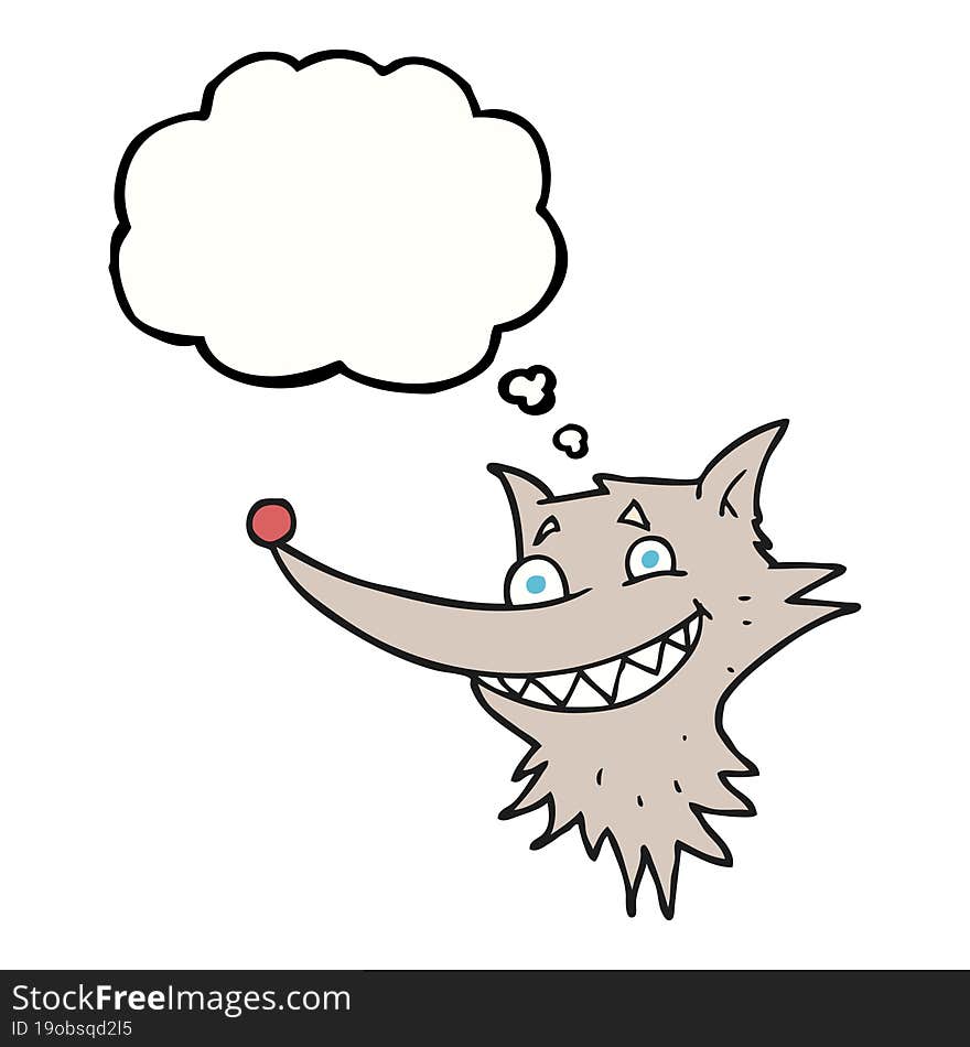 freehand drawn thought bubble cartoon grinning wolf face