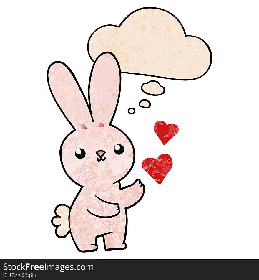 Cute Cartoon Rabbit With Love Hearts And Thought Bubble In Grunge Texture Pattern Style