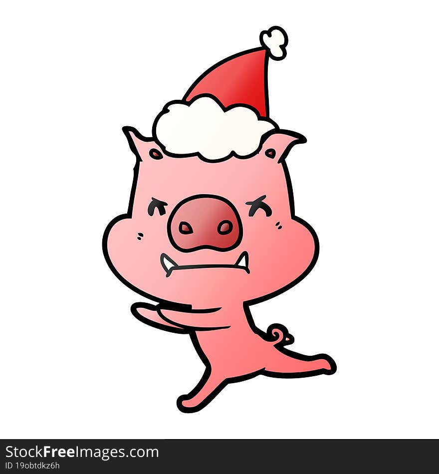 angry gradient cartoon of a pig wearing santa hat