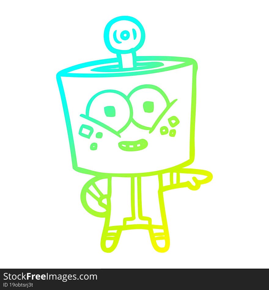 cold gradient line drawing of a happy cartoon robot pointing