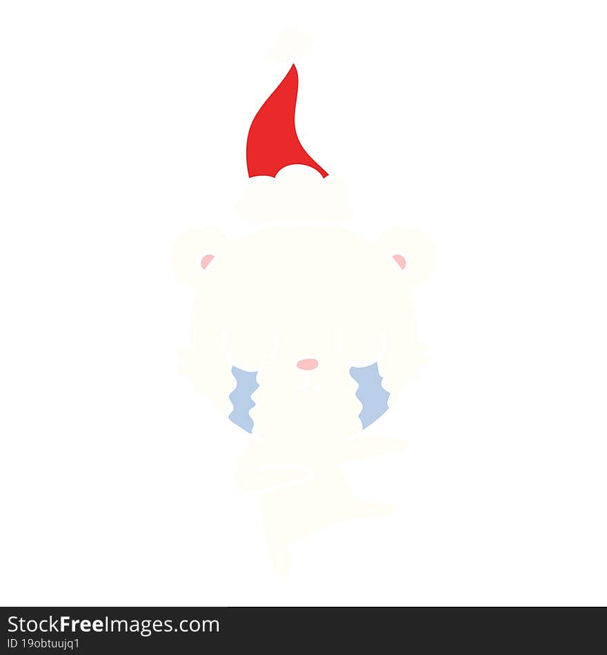 crying polar bear flat color illustration of a wearing santa hat