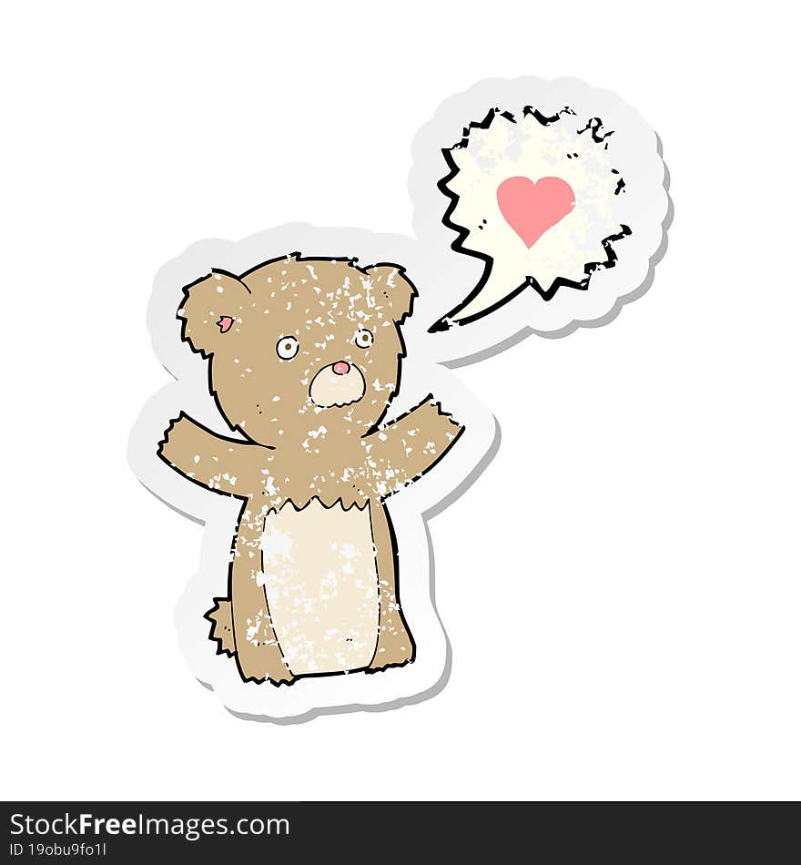 Retro Distressed Sticker Of A Cartoon Teddy Bear With Love Heart