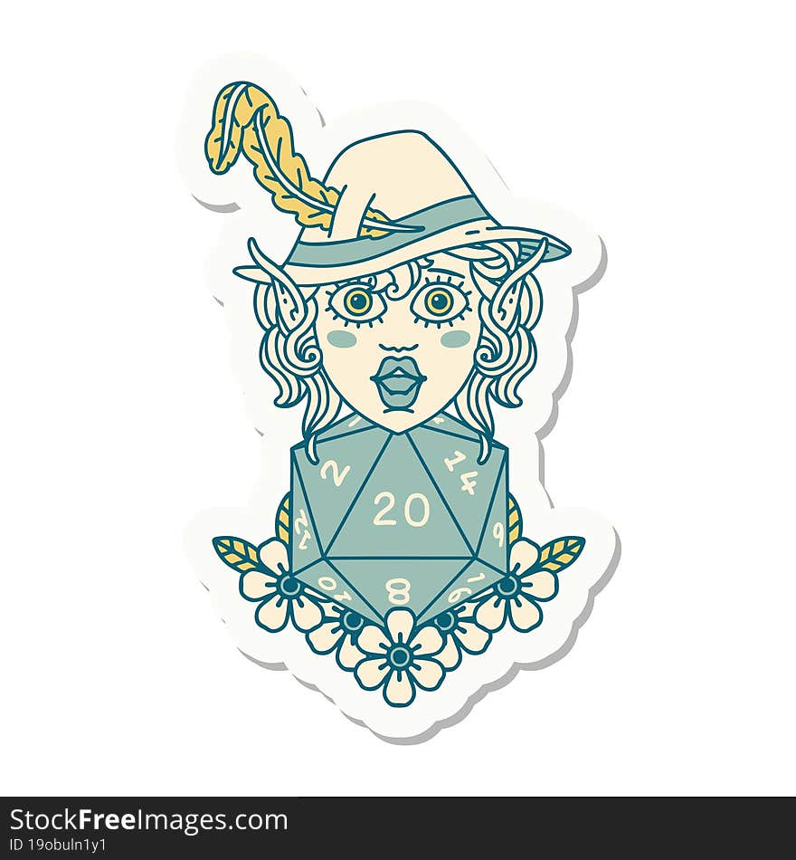 Elf Bard Character With Natural Twenty Dice Roll Sticker