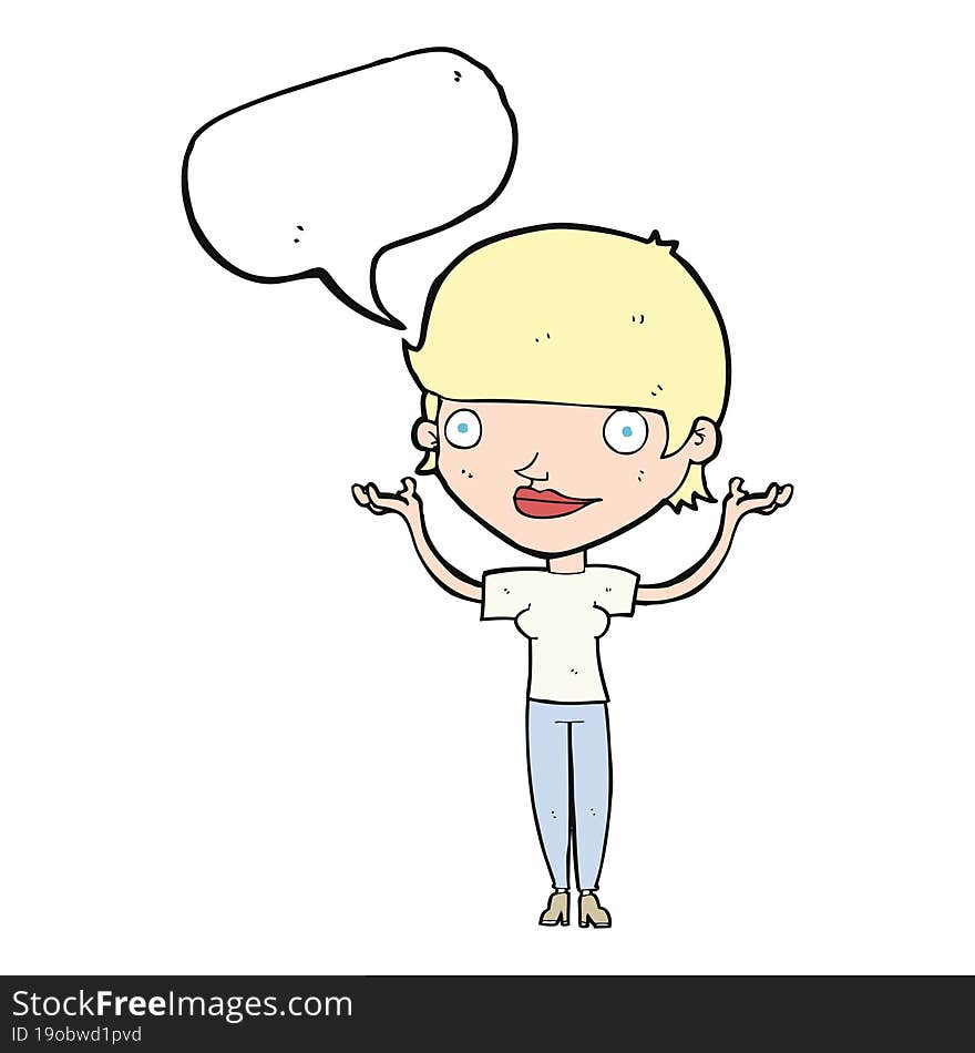 Cartoon Woman Holding Arms In Air With Speech Bubble