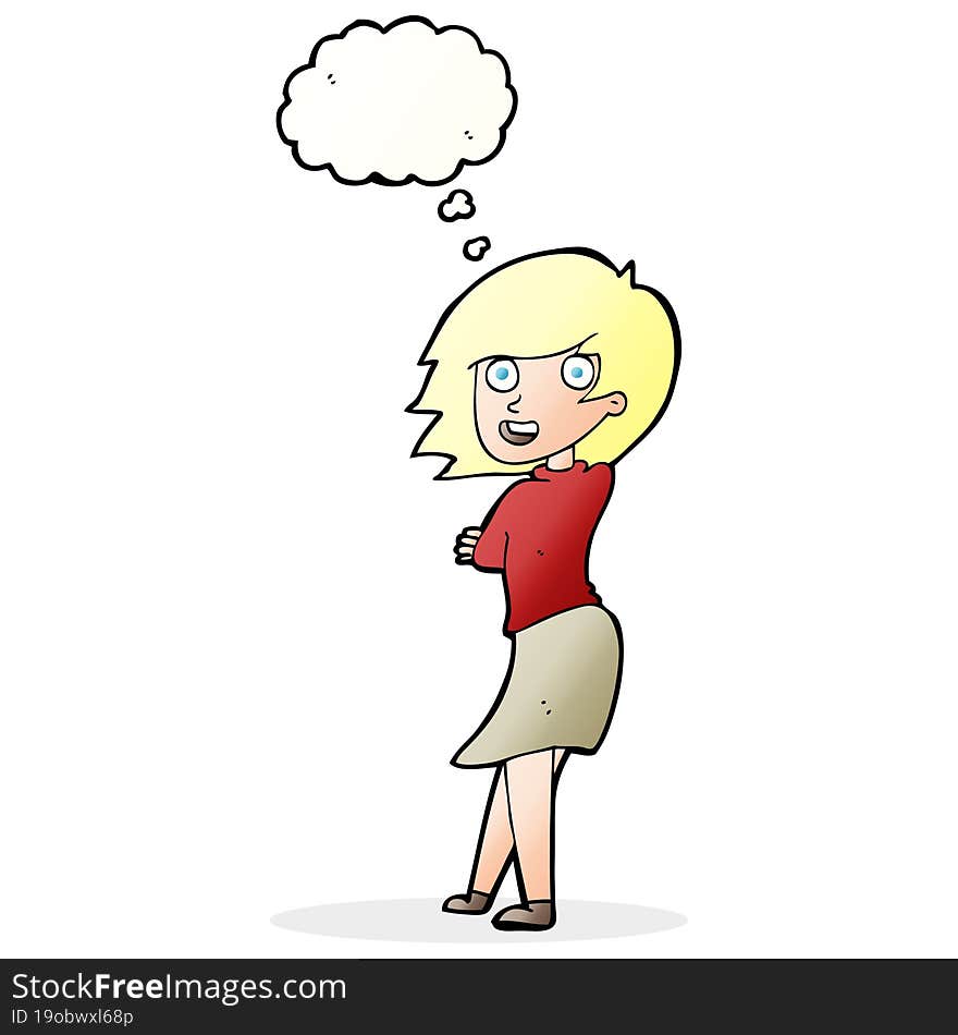 cartoon happy woman with thought bubble