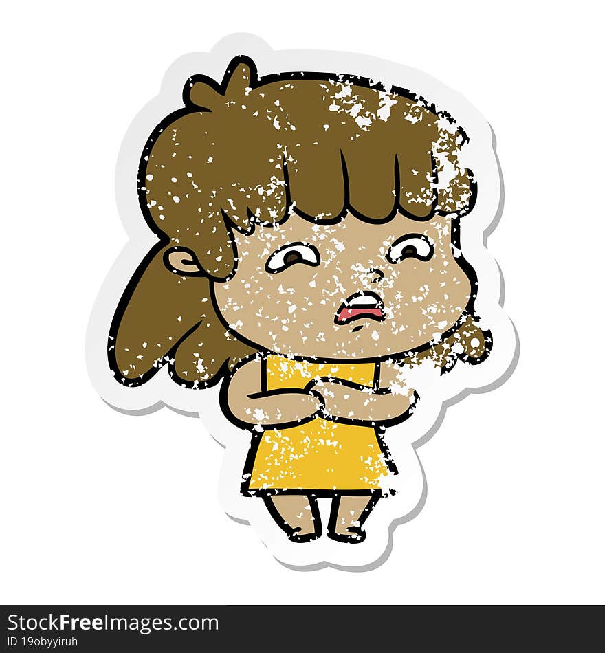 distressed sticker of a cartoon worried woman