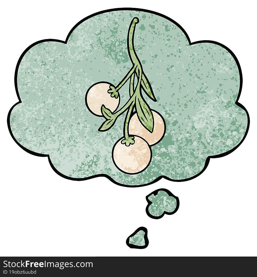 cartoon mistletoe and thought bubble in grunge texture pattern style