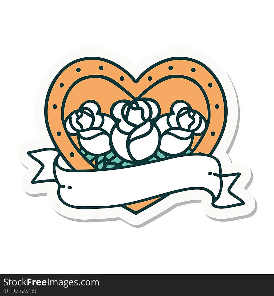 sticker of tattoo in traditional style of a heart and banner with flowers. sticker of tattoo in traditional style of a heart and banner with flowers