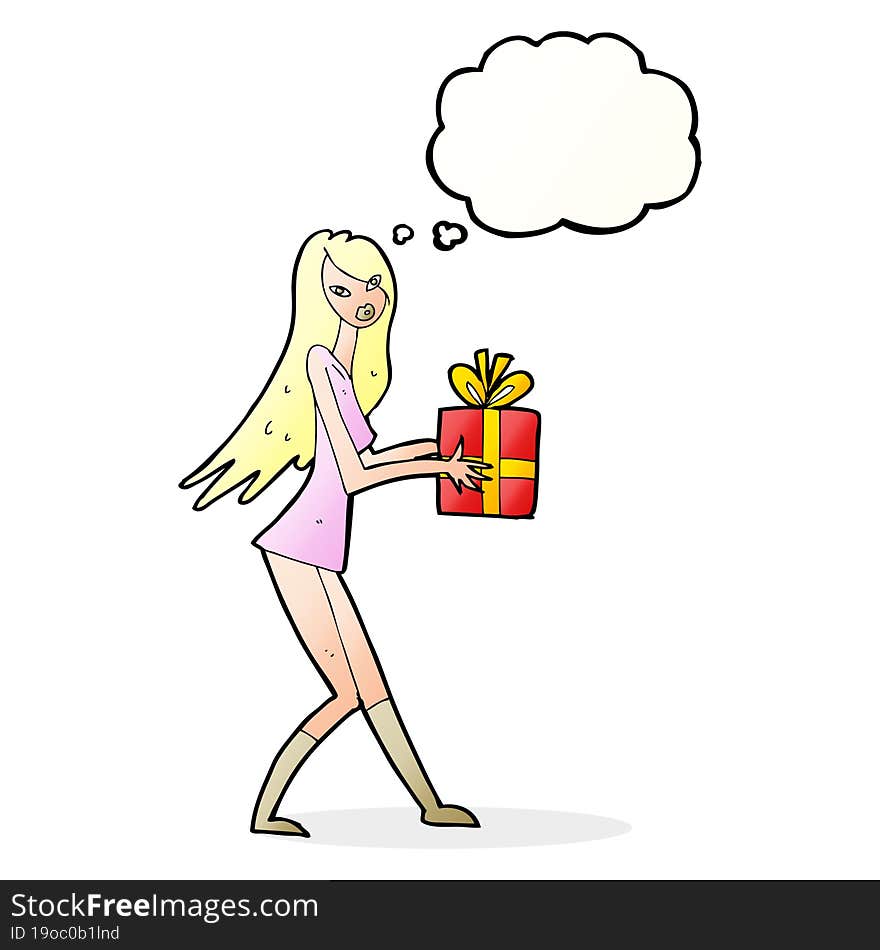 cartoon fashion girl with present with thought bubble