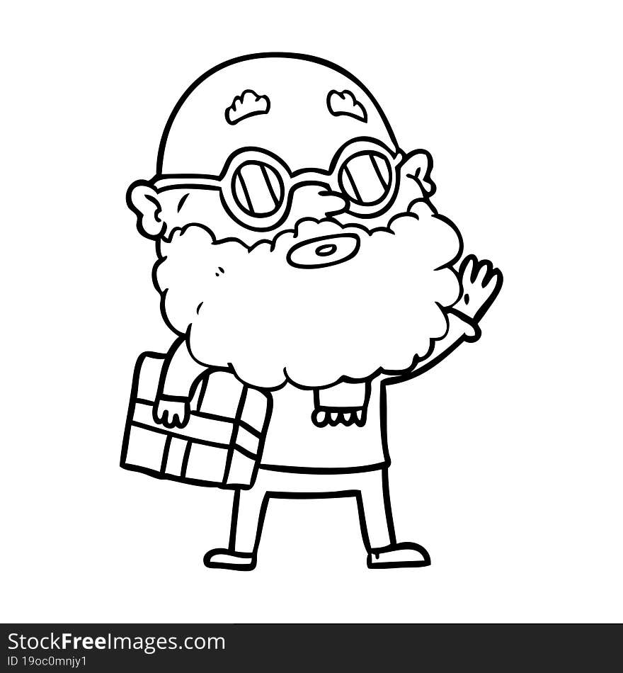 cartoon curious man with beard sunglasses and present. cartoon curious man with beard sunglasses and present