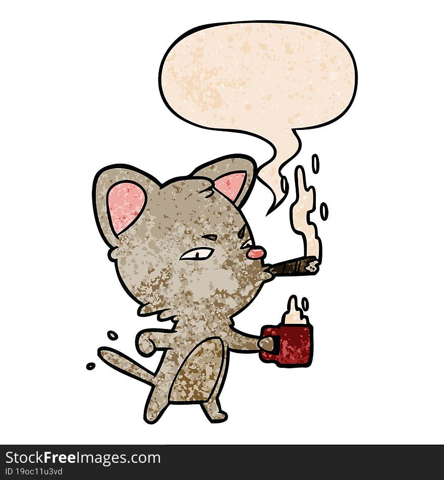 cartoon serious business cat and coffee and cigar and speech bubble in retro texture style