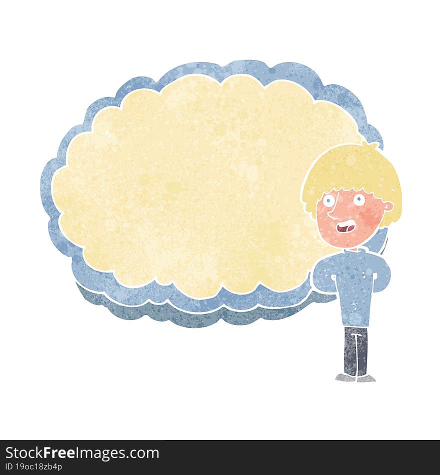 cartoon happy man with cloud text space