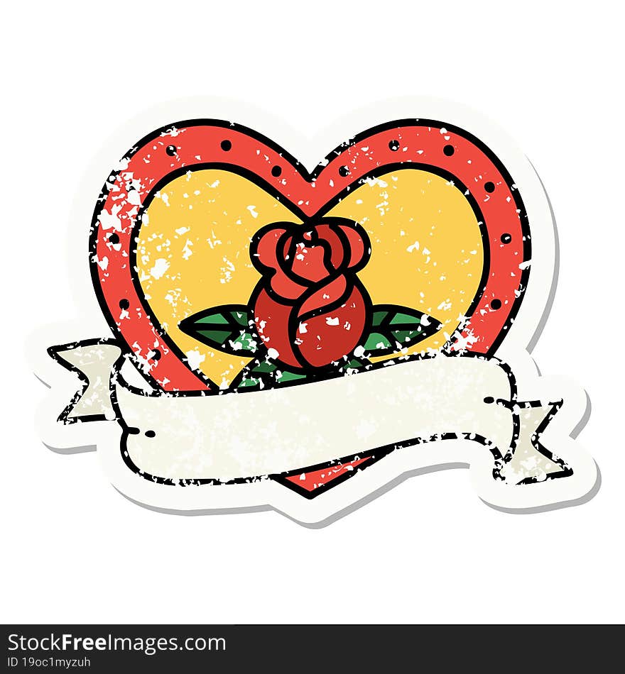 distressed sticker tattoo in traditional style of a heart rose and banner. distressed sticker tattoo in traditional style of a heart rose and banner