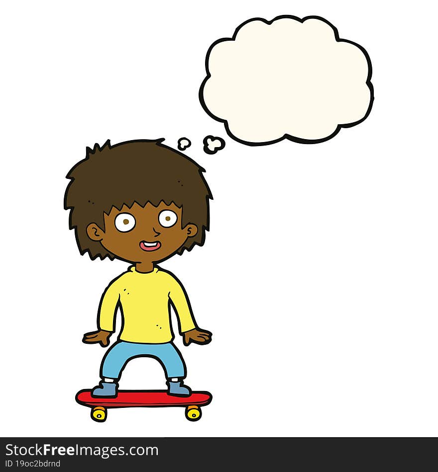 cartoon boy on skateboard with thought bubble