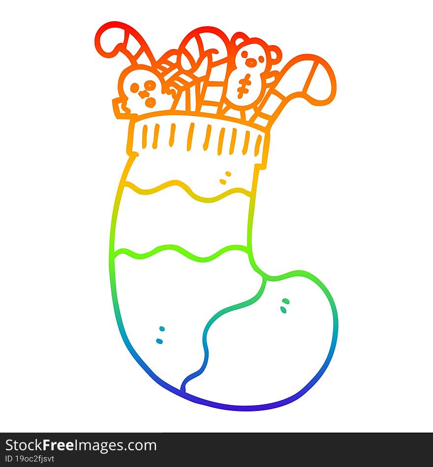 rainbow gradient line drawing of a cartoon christmas stocking full of toys