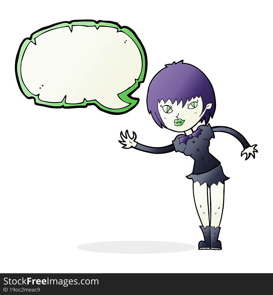 cartoon vampire girl welcoming with speech bubble