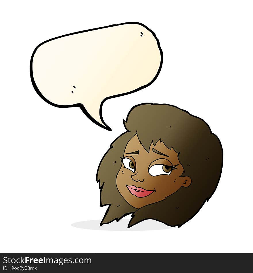 cartoon happy female face with speech bubble