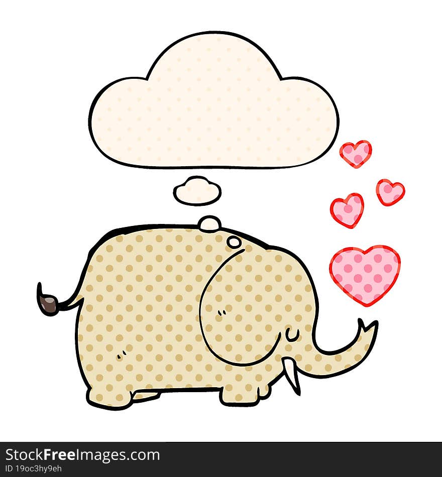 cute cartoon elephant with love hearts with thought bubble in comic book style