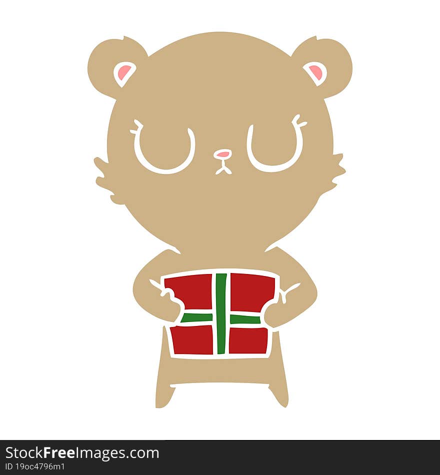 peaceful flat color style cartoon bear with present