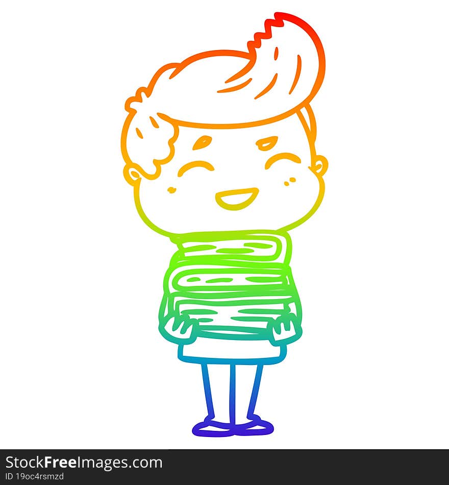 rainbow gradient line drawing cartoon man laughing holding books